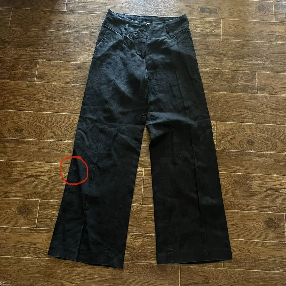 H&M 100% Linen Wide Leg Trousers Womens 6 Black Mid Rise Casual Pants